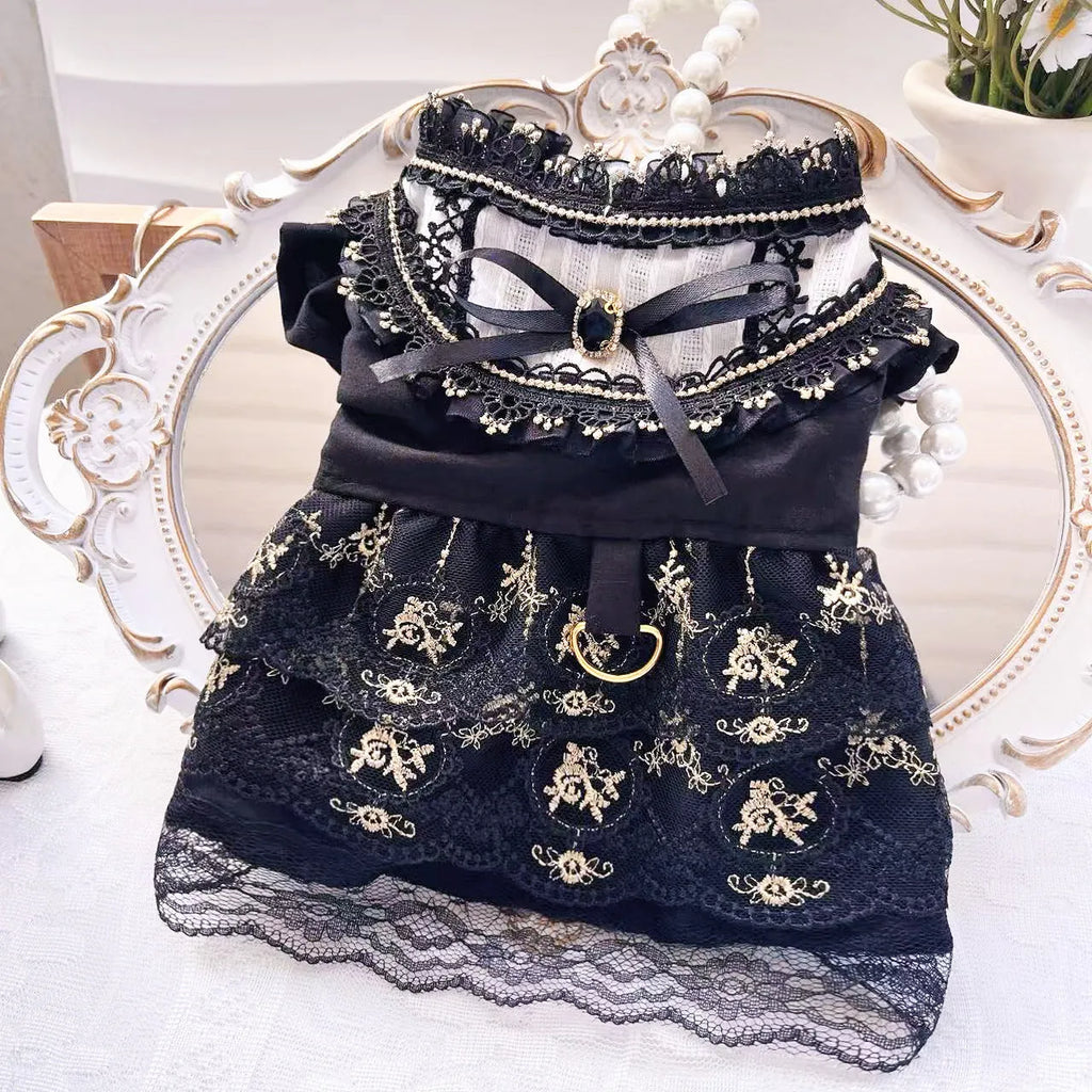 Golden gothic princess skirt for small dog or cat showing size measurements