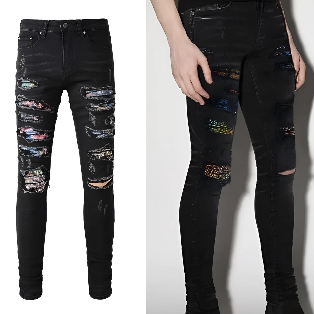 Men's simple print patch tattered black stretch jeans