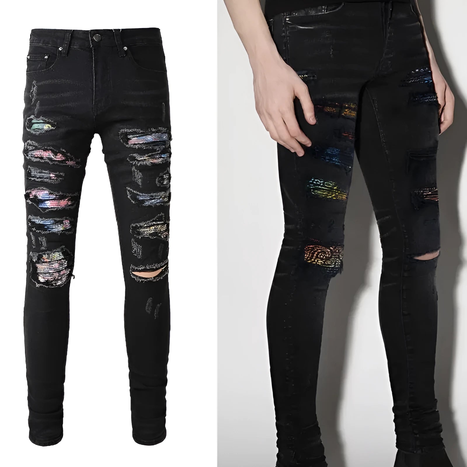 Men's simple print patch tattered black stretch jeans