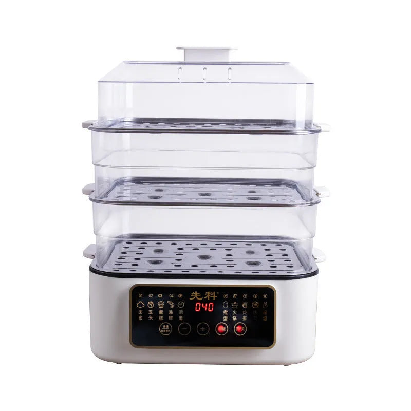 Stainless steel electric steamer with 28-litre capacity and steaming rack