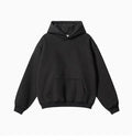 Men's loose fit cotton hooded pullover sweater in grey, showing drop shoulder sleeves.