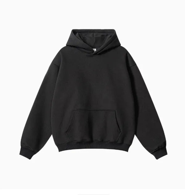 Men's loose fit cotton hooded pullover sweater in grey, showing drop shoulder sleeves.