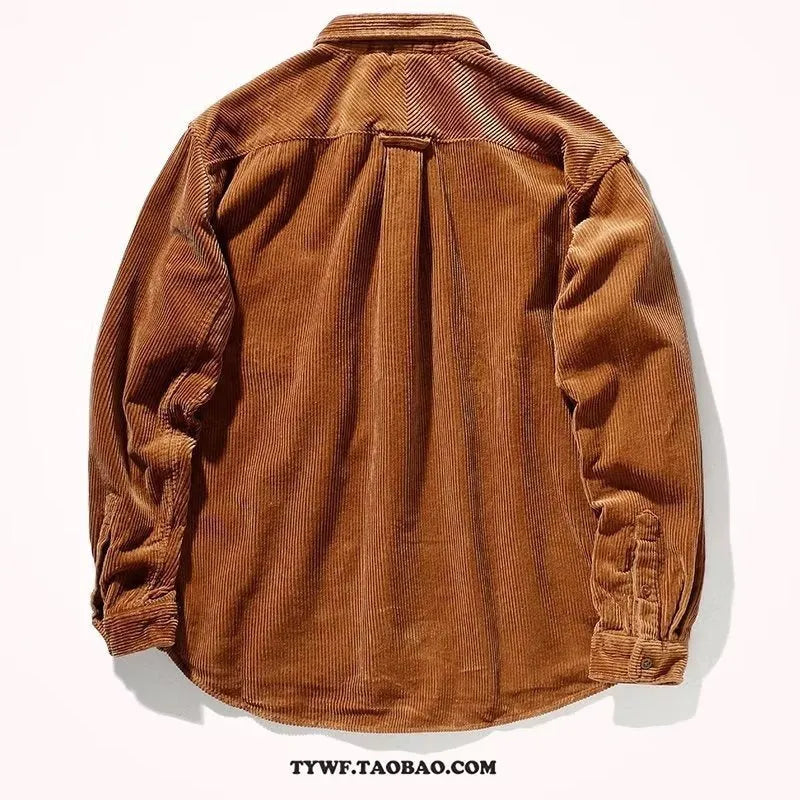 Caramel loose fit corduroy long sleeve shirt with cardigan style on a hanger.