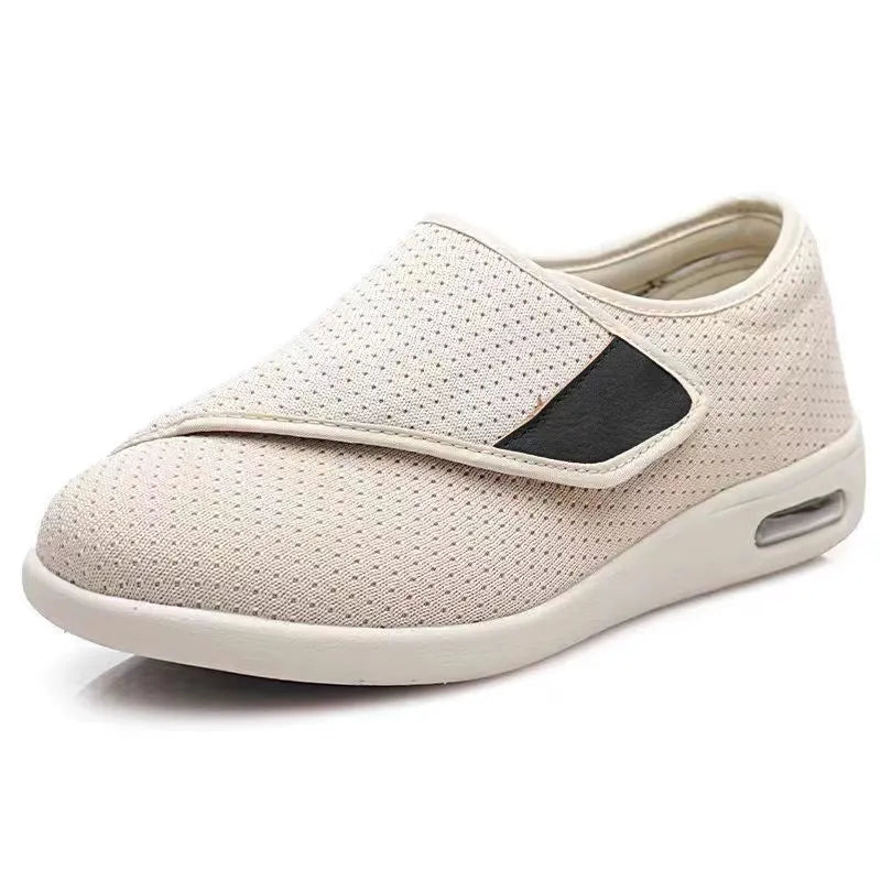 Leisure shoes with Velcro fastening in beige textile and synthetic leather