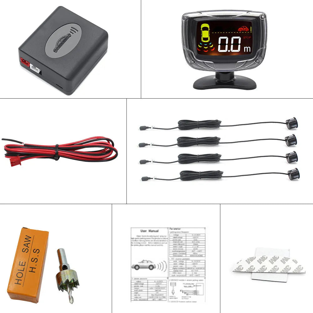 Wireless vehicle reversing sensor system with LED digital display and four ultrasonic probes