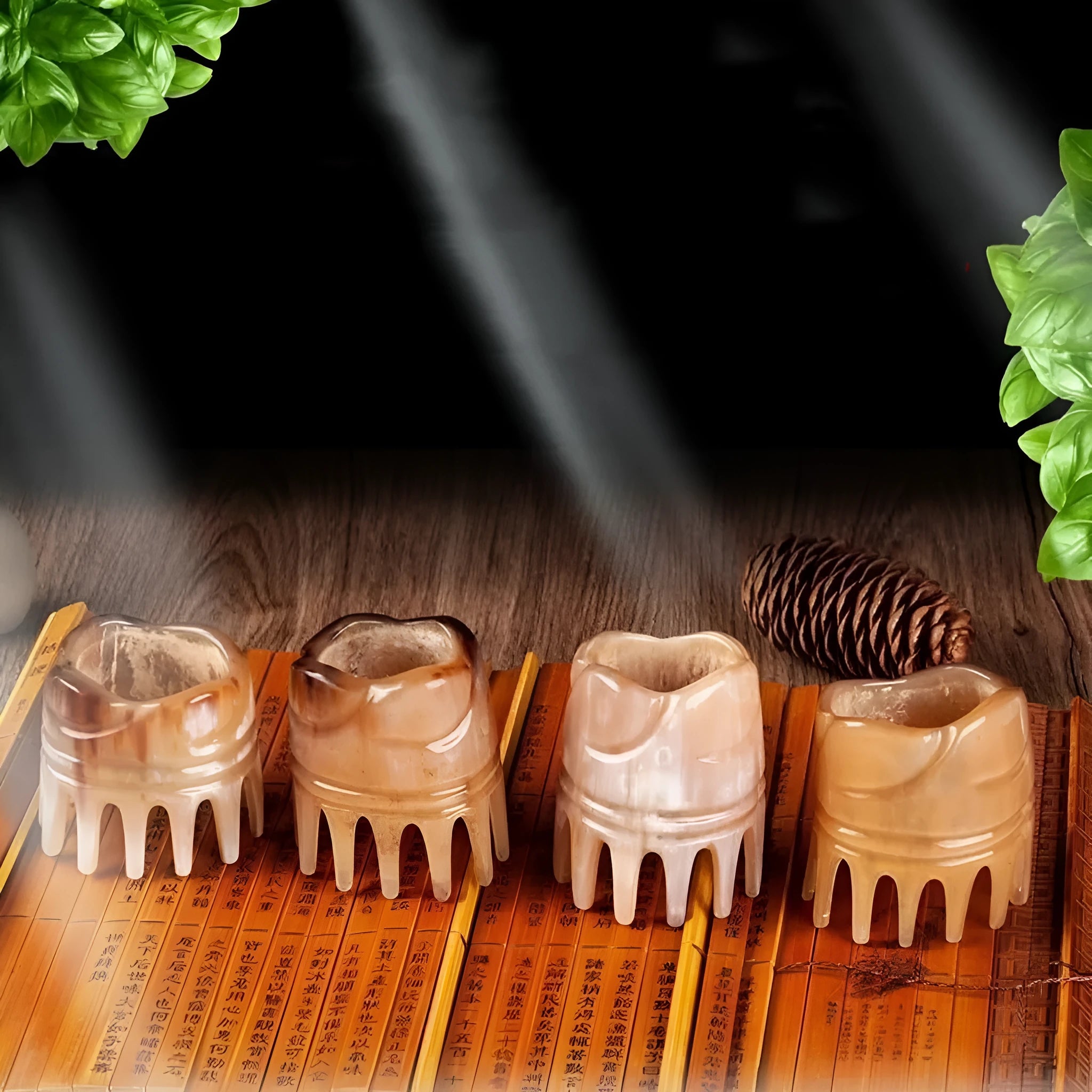 Black buffalo horn comb with wide teeth and pointed tips for scalp massage