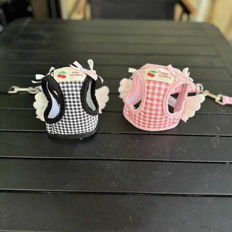 Cotton chest-back dog harness with hand holding rope in pink and black colour options