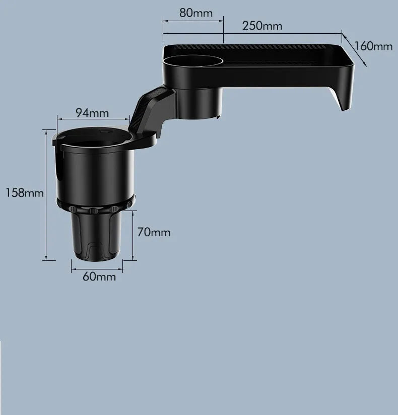 Black car-mounted rotating dinner tray holder showing 360-degree rotation mechanism