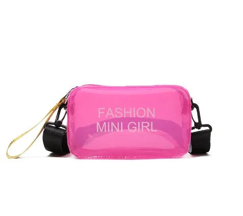 A transparent square jelly crossbody bag with a single adjustable shoulder strap.