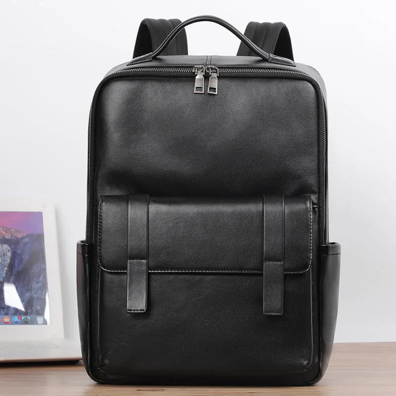 Black litchi grain men's genuine leather computer backpack with large capacity and business design