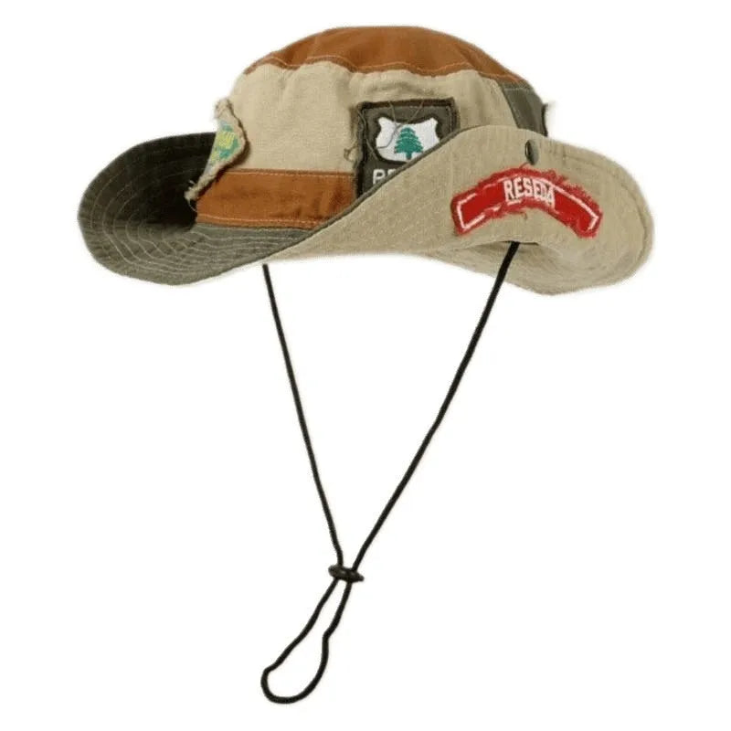 Women's army green cotton fisherman hat with flat crown and patchwork details