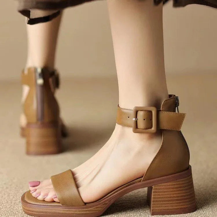 Women's retro ankle-strap platform high heels in white or khaki colour