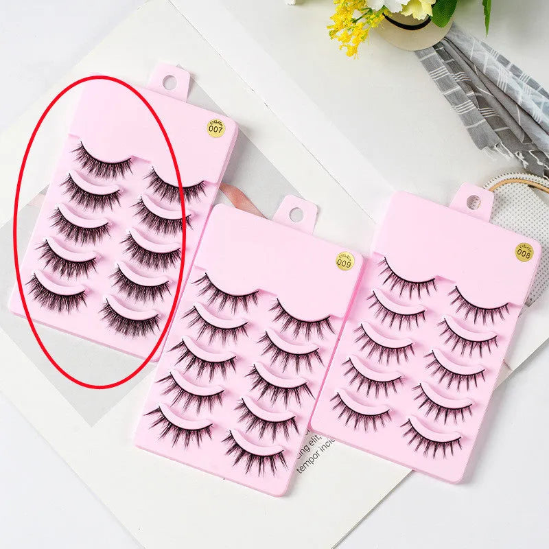 Set of manga anime style false eyelashes showing three styles 007, 008, 009 on a plastic black terrier band.