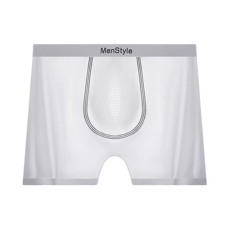 Satin ice silk seamless men's boxers in flesh color with mid waist elastic band