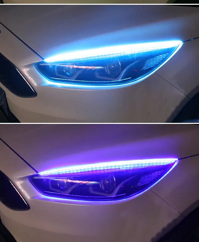 Colour-changing LED daytime running light strip with remote control for General Motors cars.