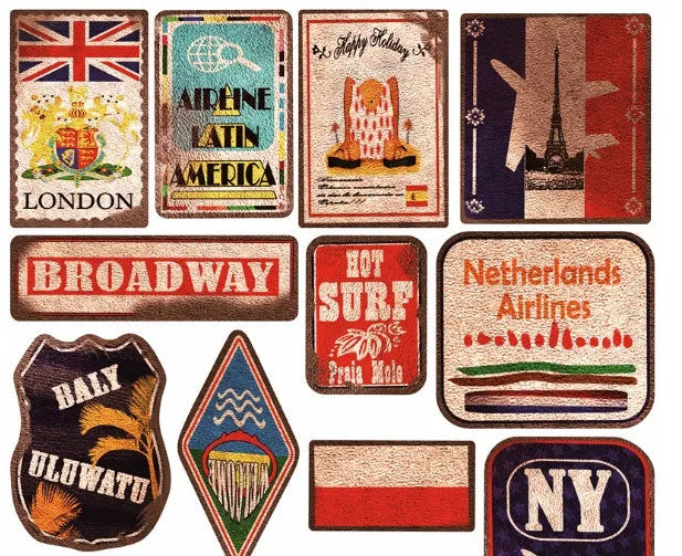 36-piece set of large retro beach themed stickers on a PVC sheet with matte finish.