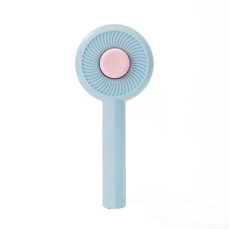 Blue pet grooming brush with angled metal pins and self-cleaning button for dogs and cats