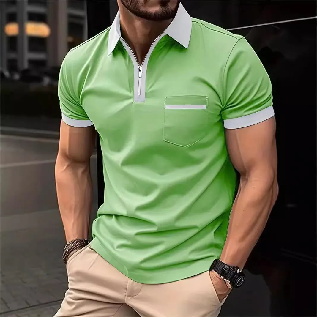 Men's casual short sleeve shirt with chest pocket and zipper decoration in multiple colour collar options