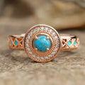 Women's turquoise ethnic style copper ring with micro inlaid zircon and rose gold finish