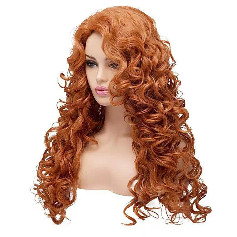 Brown long wavy curly synthetic wig on a wig head, for cosplay or Halloween.