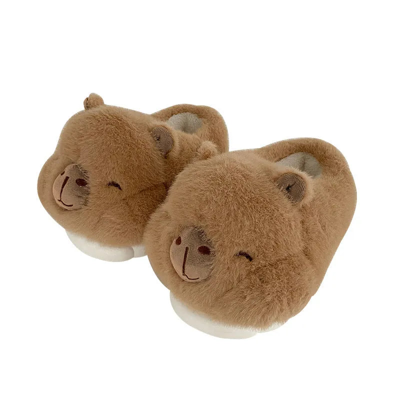 Light brown women's winter slippers with plush upper and cartoon pattern