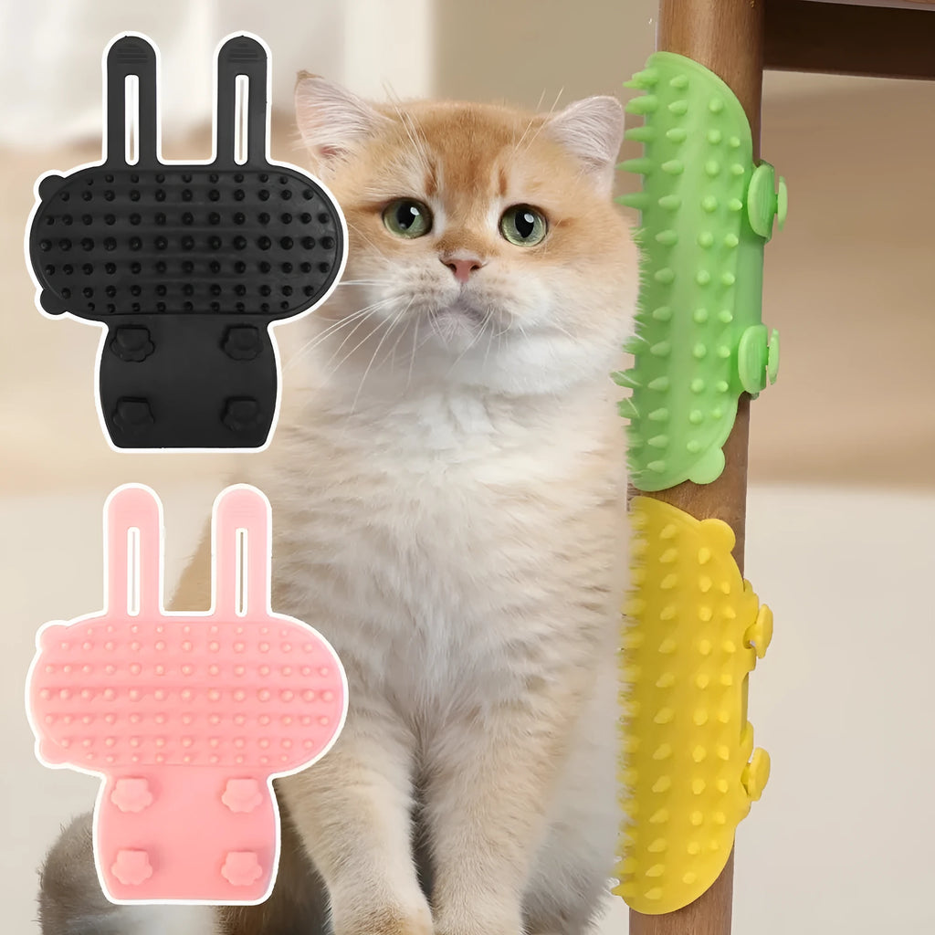 Silicone cat grooming comb with adjustable strap attached to furniture leg for scratching and hair removal