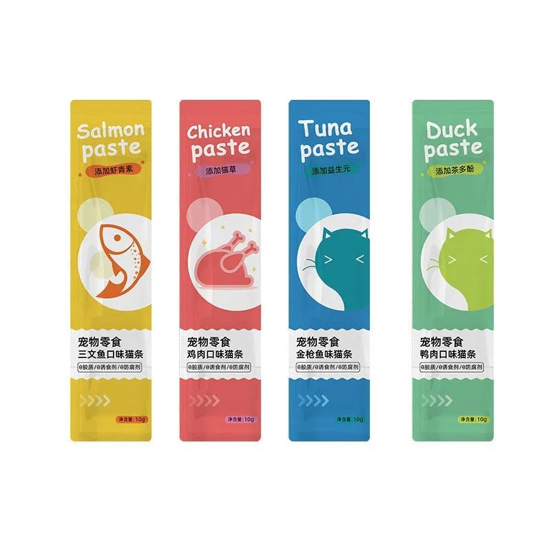 Multipack of cat strip snacks showing 10 strips in selected flavour for adult cats