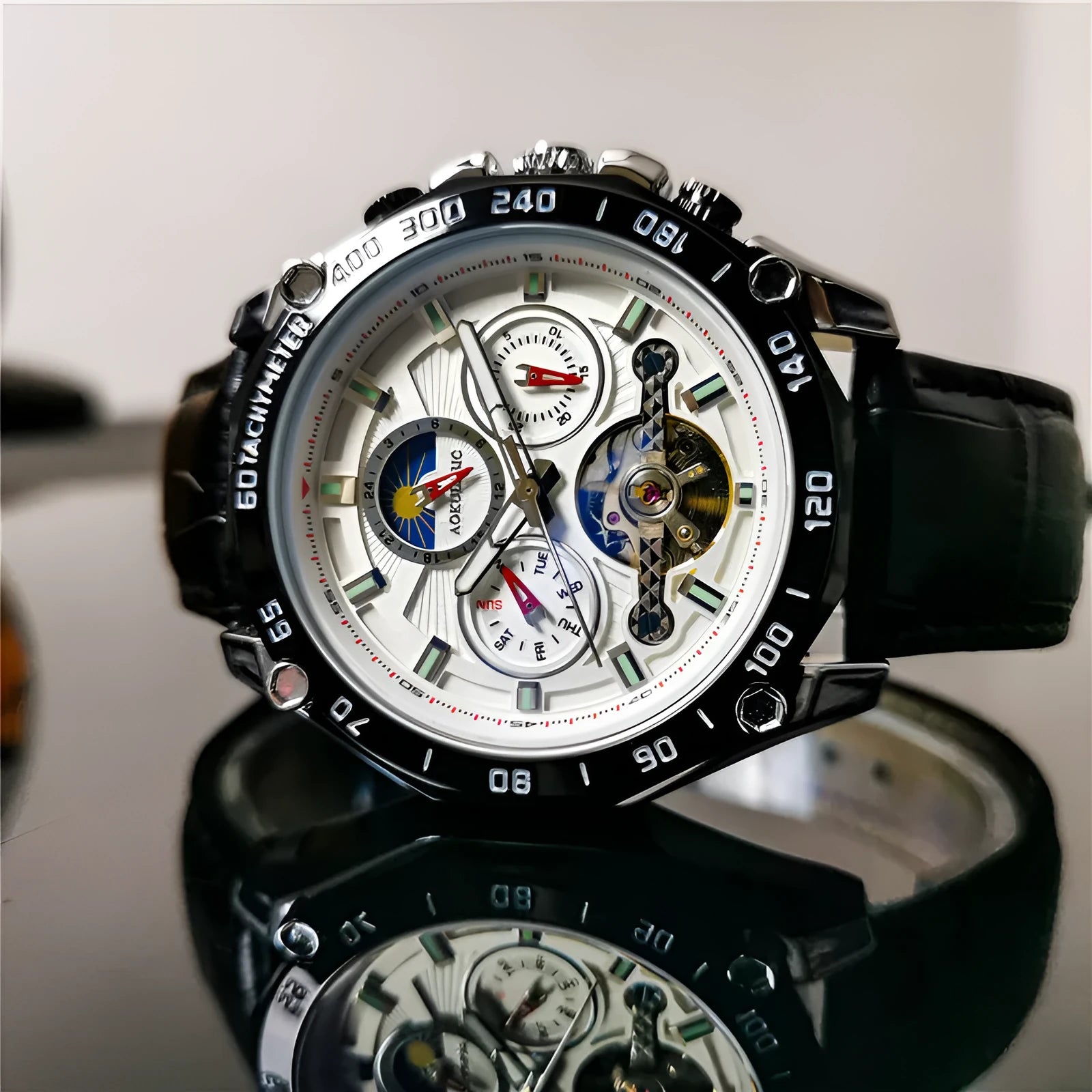 Automatic mechanical watch for men showing silver case with white dial