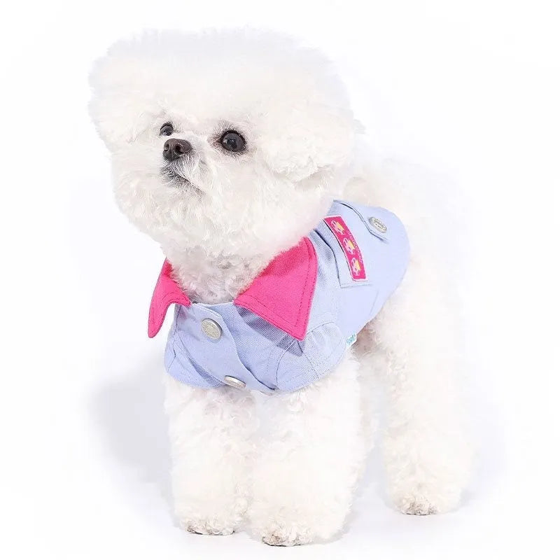 Blue and purple polyester summer dog vest with traction rope ring for small dogs