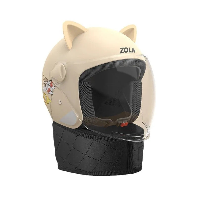 Blue winter bicycle helmet with attached scarf and anti-fog visor for electric bike commuting.
