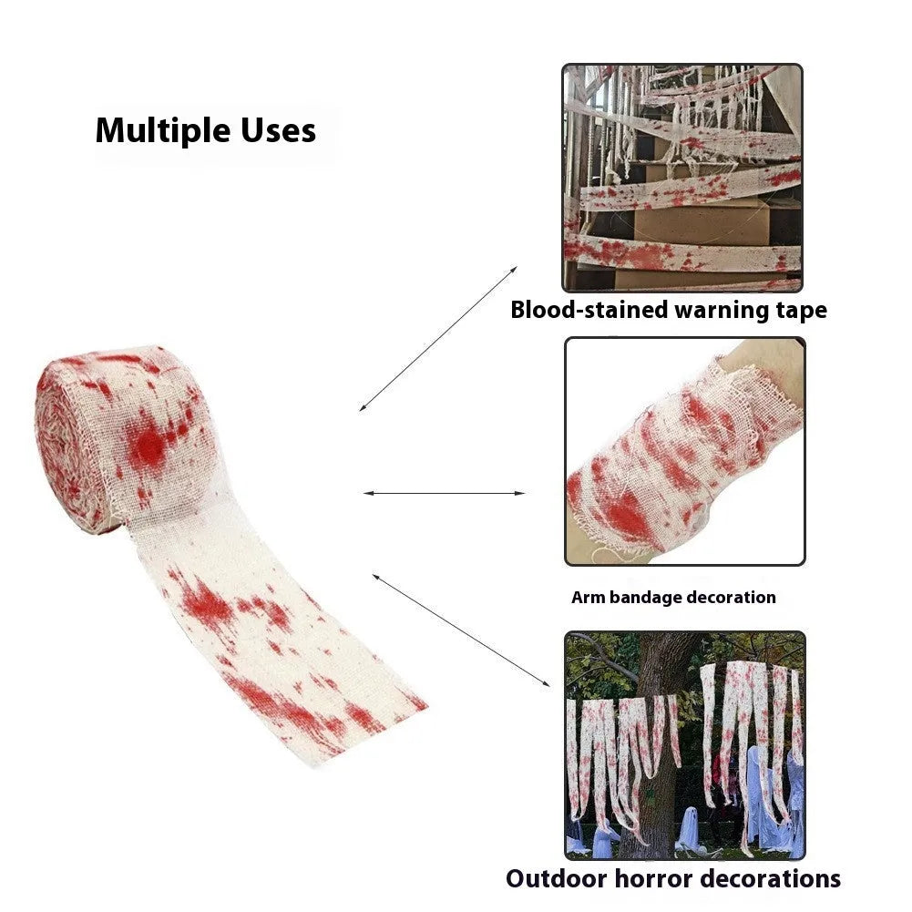 Blood red polyester Halloween bandage roll showing 8cm width, horror costume accessory for mummy wraps