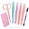 Professional eyebrow tweezers set showing stainless steel tools in leather case with protective covers