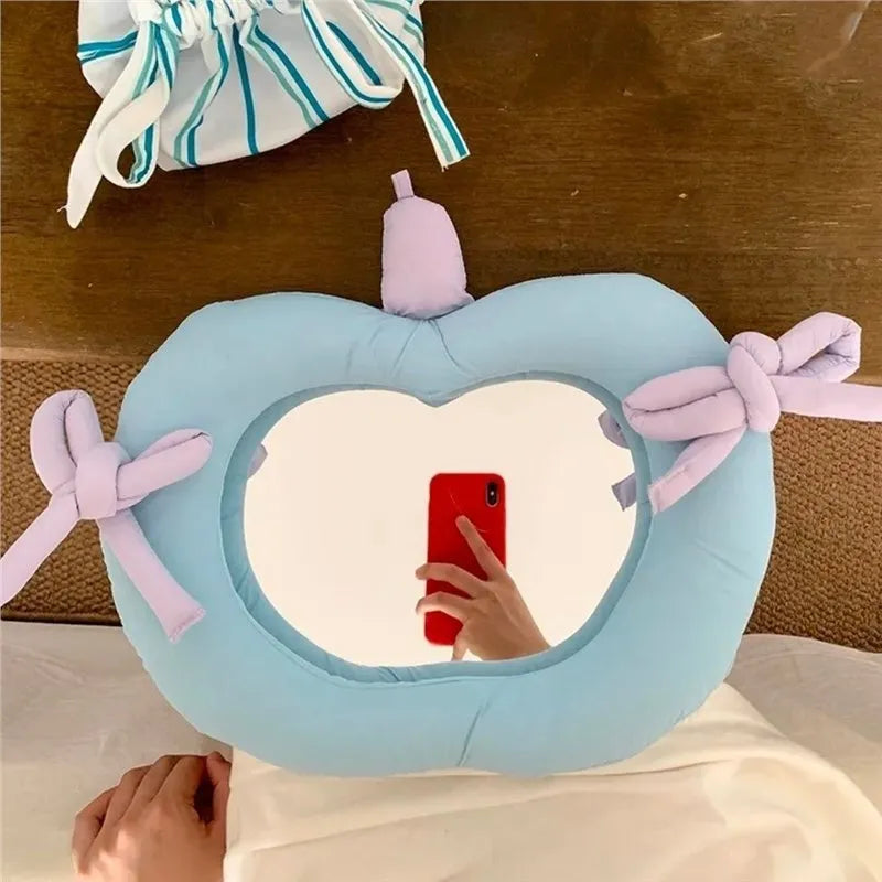Korean-style decorative wall mirror with soft fabric pillow border in green or blue