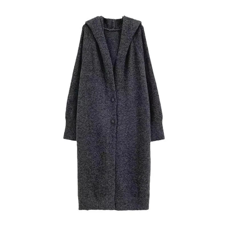 Korean style long hooded cardigan for women in a wool blend, shown in beige, loose below-knee fit.