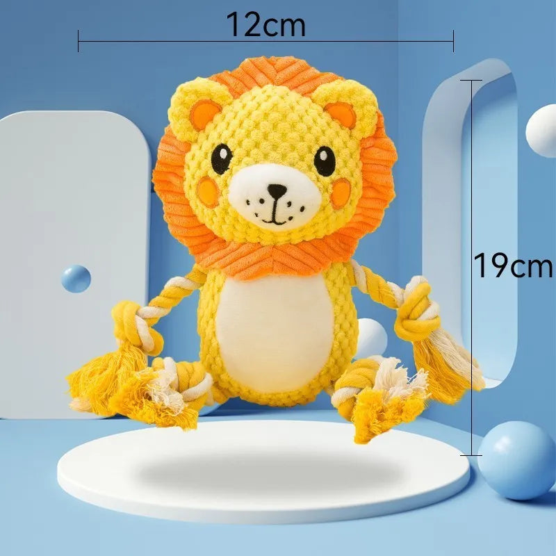 Lion and monkey plush squeaky dog toys bundle showing measured dimensions for medium to large breed dogs