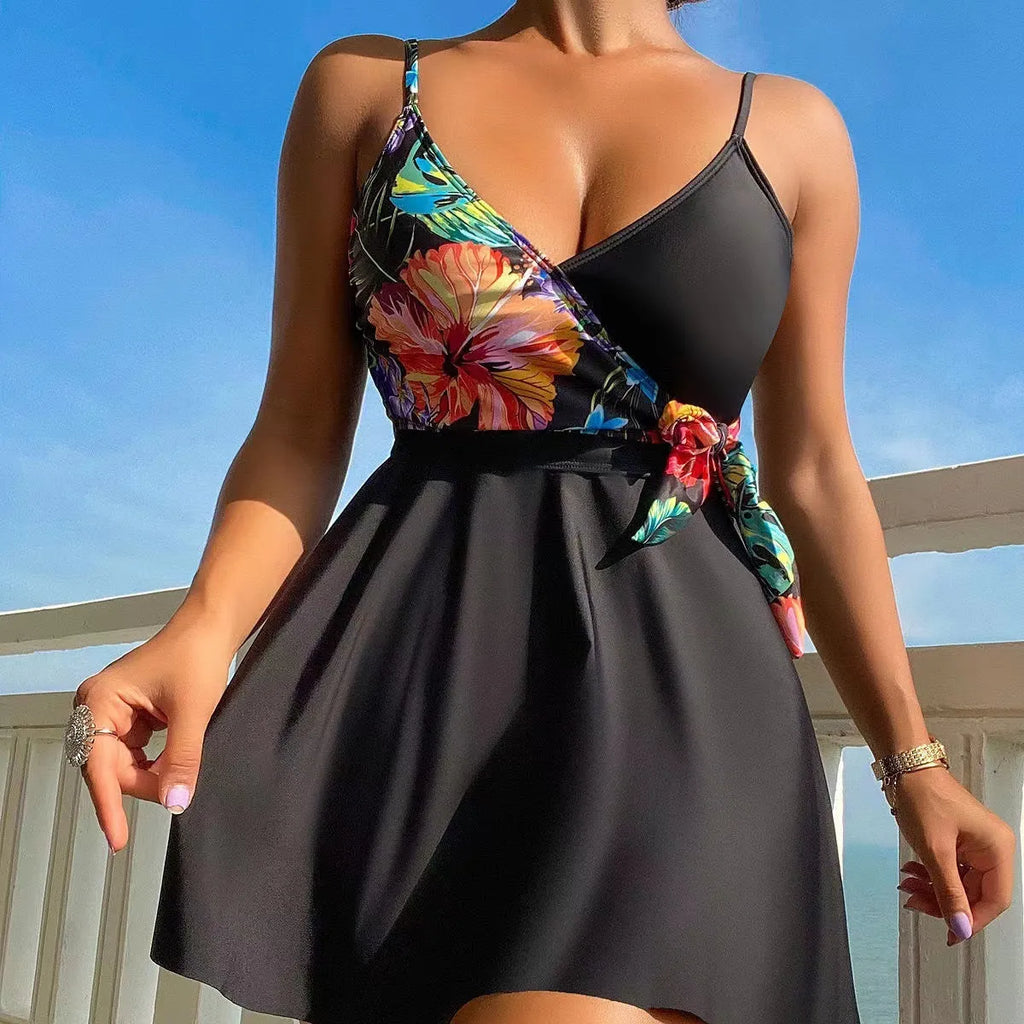 Women's black high waist bikini briefs with printed split design for swimming and sports