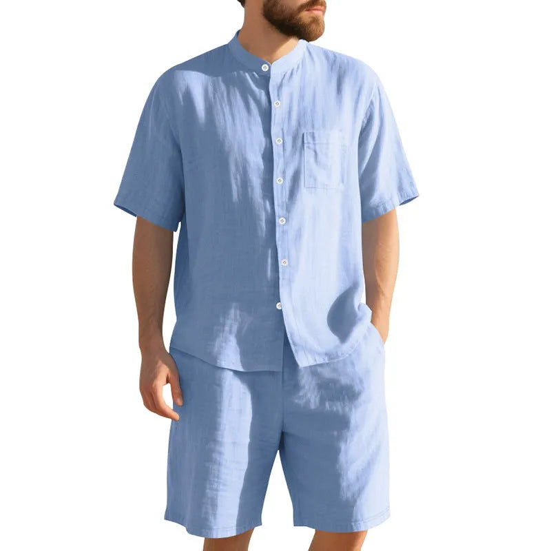 Men's linen summer two-piece suit with short sleeve Henry collar jacket and matching shorts