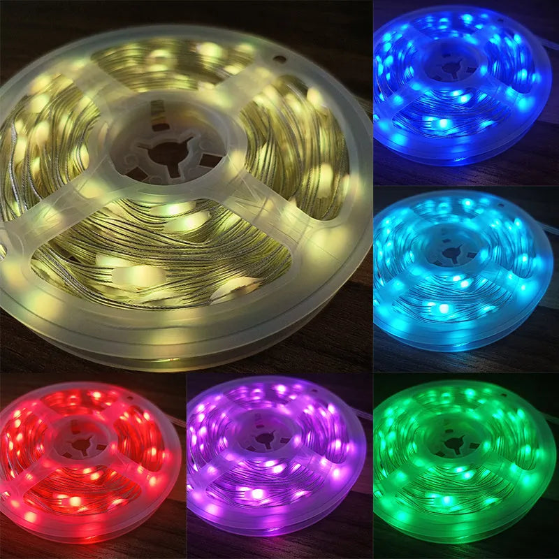 10-metre long multi-colour LED festival light string with 100 bulbs, showing eight different lighting modes.