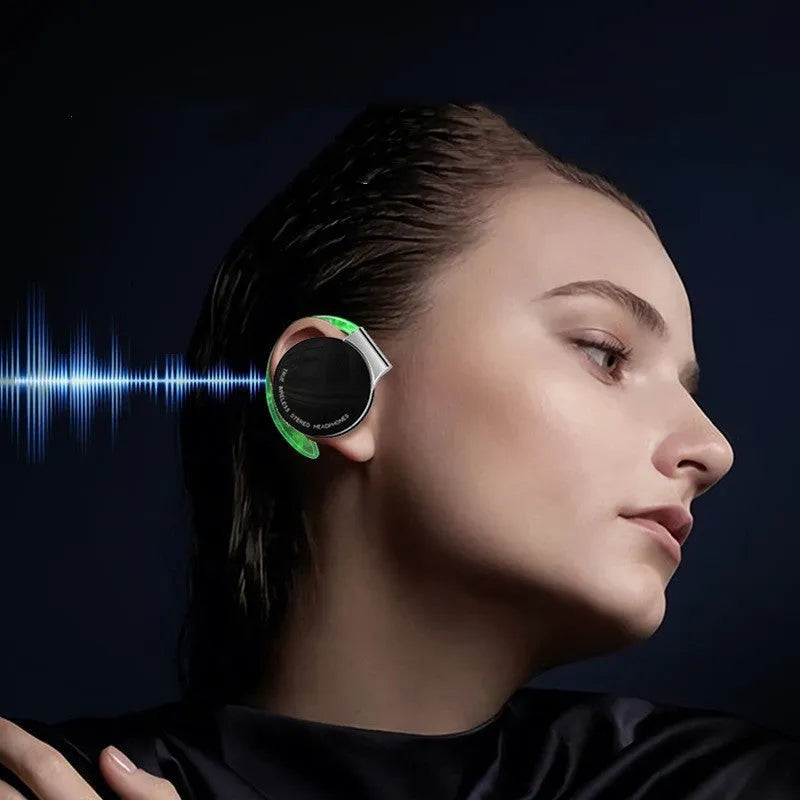 Black and white sports wireless Bluetooth earphones with ear plug design showing 15m range and Bluetooth 5.2 features