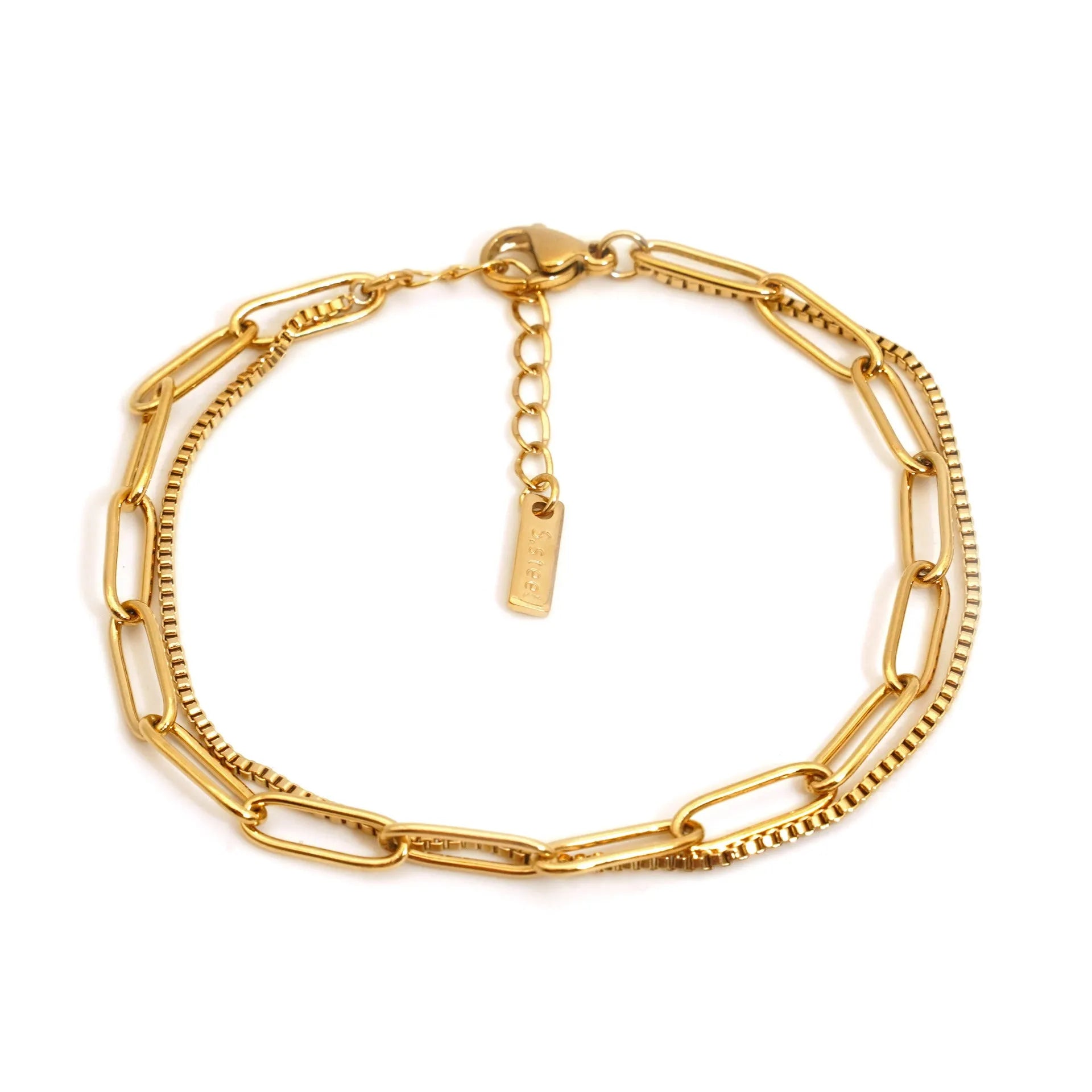 Women's double layer titanium steel bracelet with geometric lines in gold or silver electroplated finish