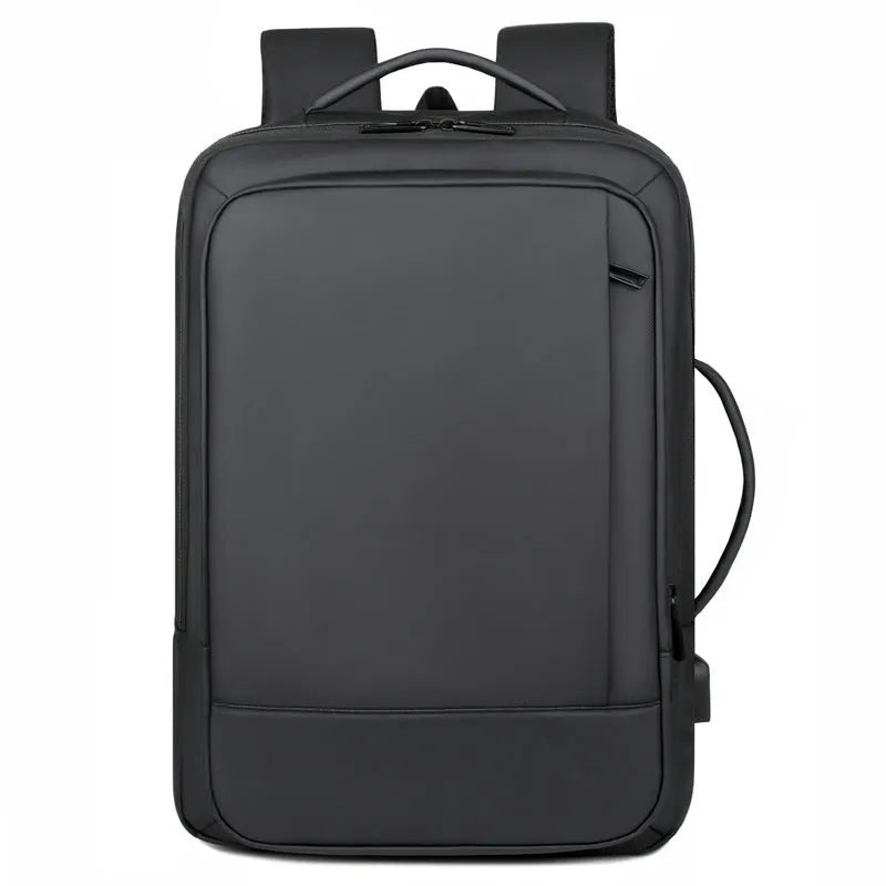 Men's large capacity waterproof backpack in black or grey with curved shoulder strap for business travel