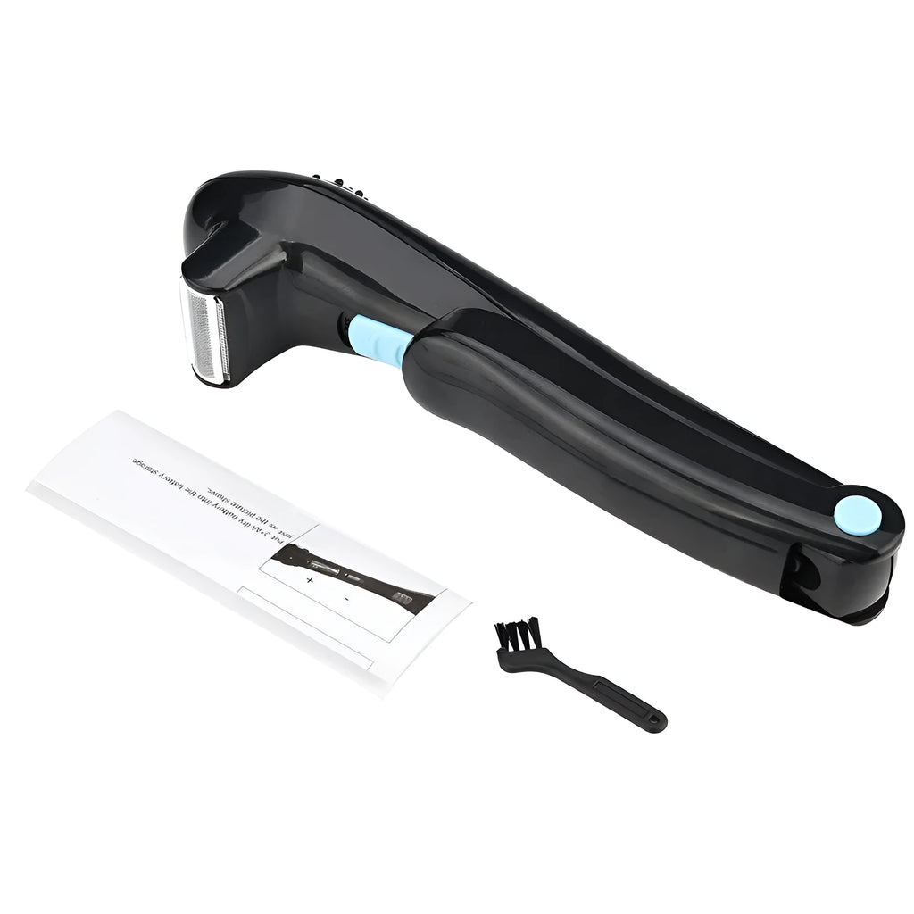 Black folding handle electric body shaver on a white background.