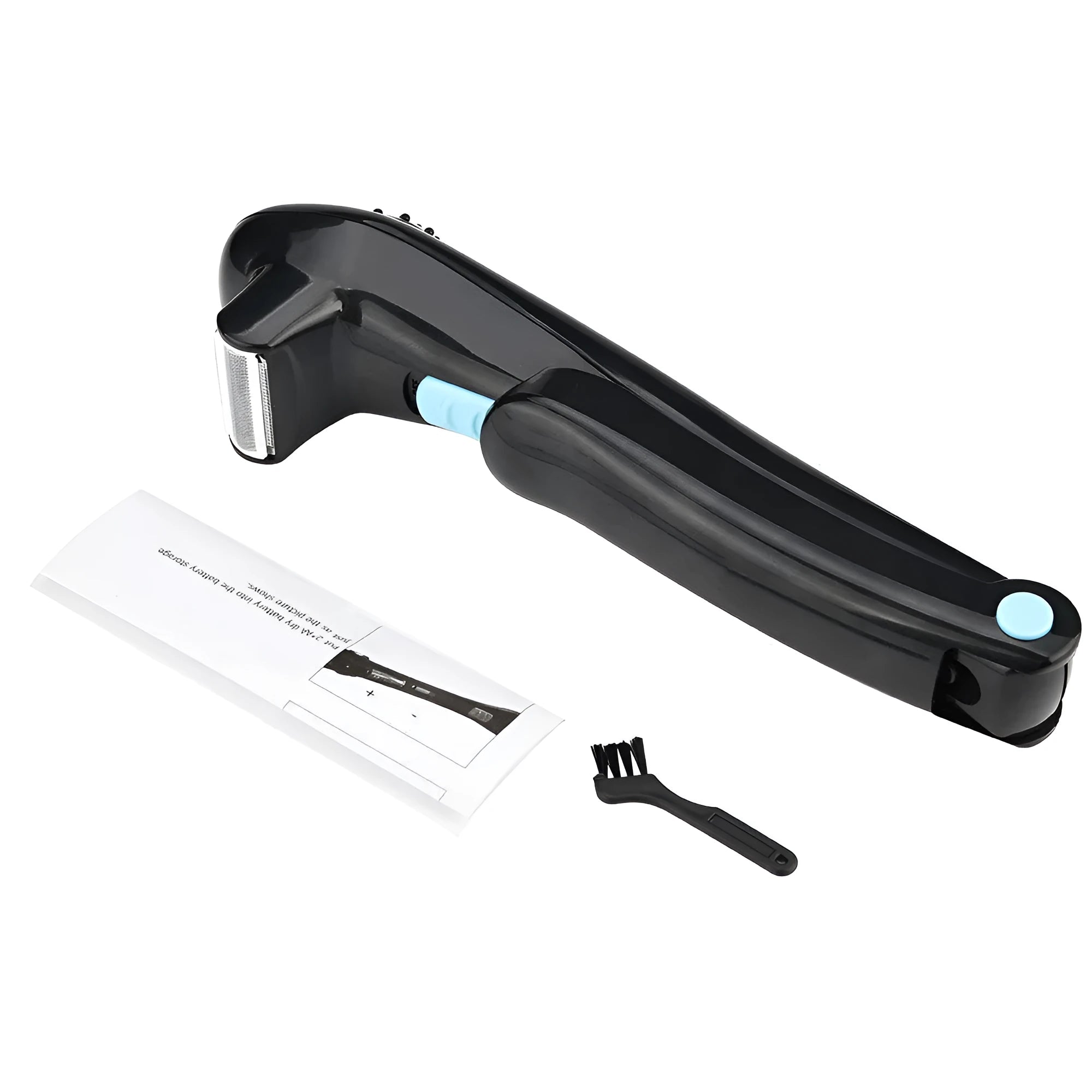 Black folding handle electric body shaver on a white background.
