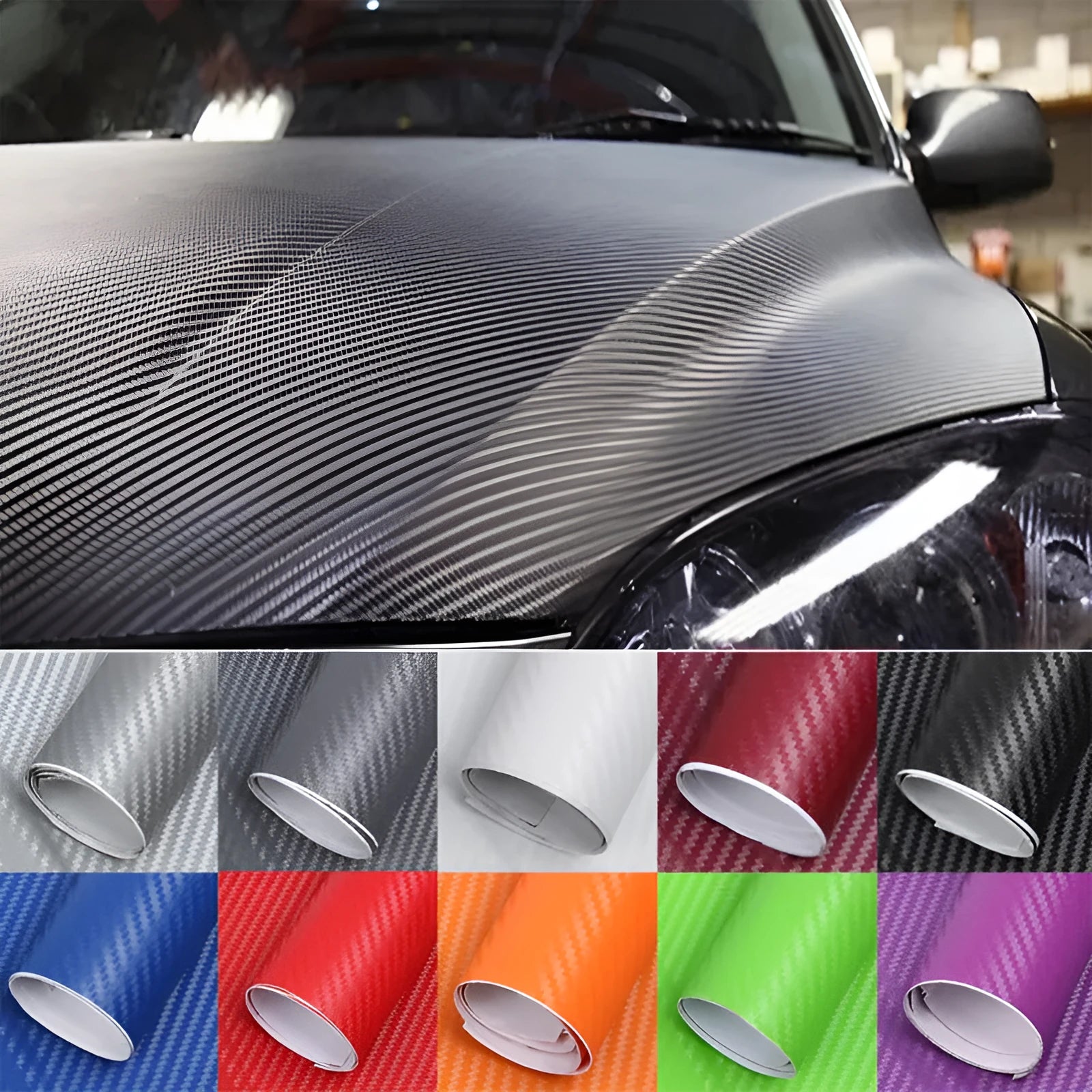 Carbon fibre pattern sticker roll showing eight colour options with 30x127 cm dimensions for car decoration