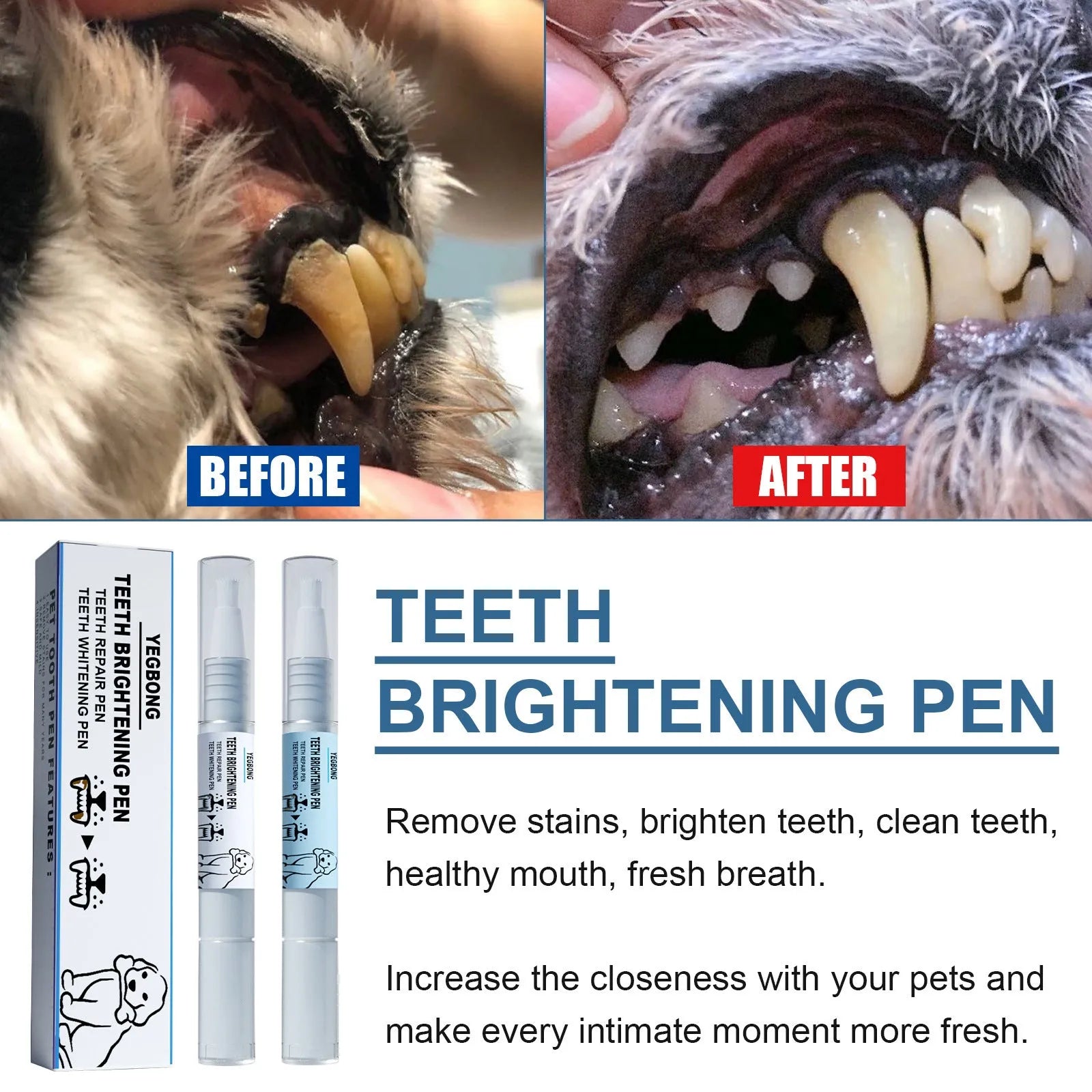 Pet teeth whitening pen with dental brushes for dogs and cats oral care