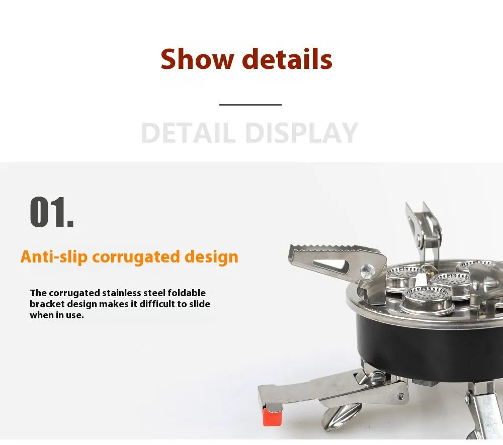 Silver stainless steel foldable split camping stove with copper fittings and extended hose