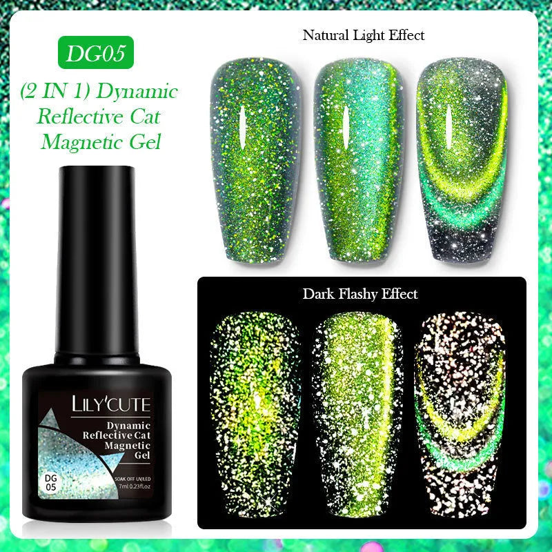 Cat eye effect nail polish gel with glitter and diamond fragments in six colour options