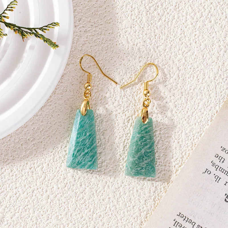Amazonite rough stone trapezoid earrings with geometric octagon elements in gold and silver colour options