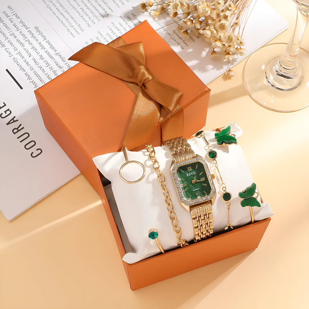 Gold green square women's watch with four matching bracelets, 25mm dial, alloy case