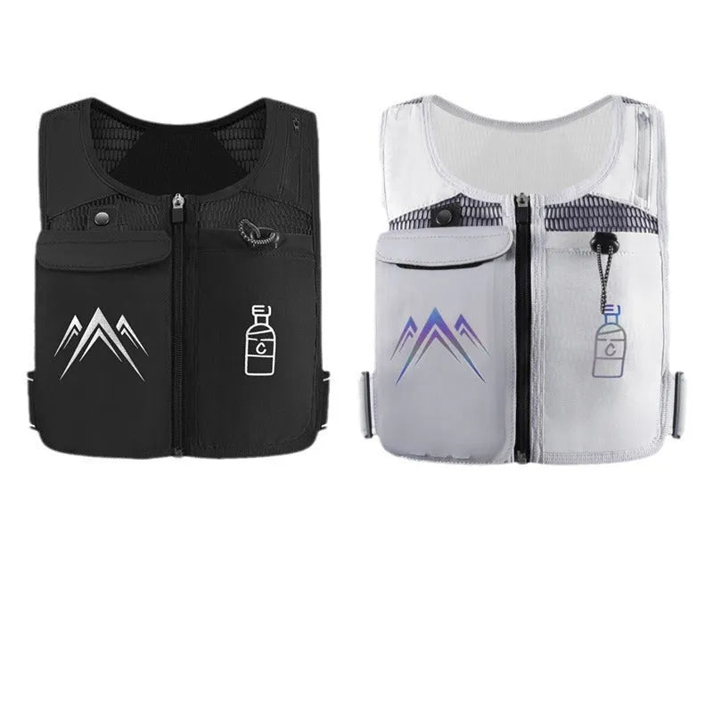 Running vest with integrated phone pouch in breathable mesh fabric, shown in classic black colour